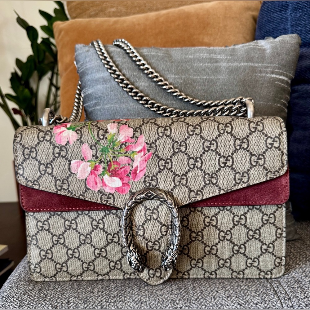 Gucci Beige GG Supreme Dionysus Bloom Shoulder Bag with Pink & Burgundy Accents - Picture 16 of 16